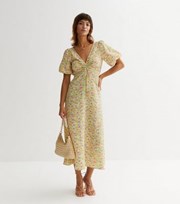 New Look Yellow Floral Textured Ruched Midi Dress